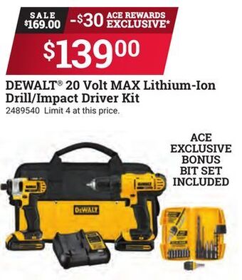 Ace Hardware Dewalt® 20 volt max lithium-ion drill/impact driver kit offer