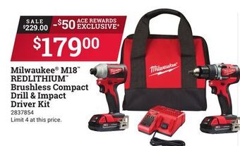Ace Hardware Milwaukee® m18™ redlithium™ brushless compact drill & impact driver kit offer