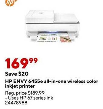 Staples Hp envy 6455e all-in-one wireless color inkjet printer offer