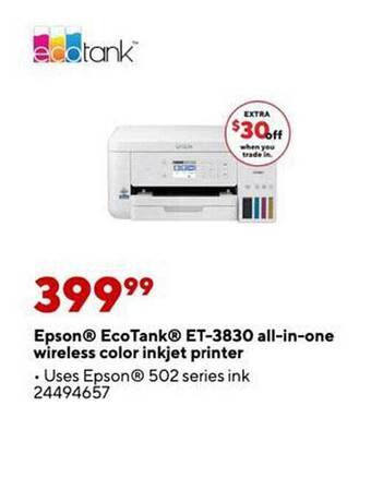 Staples Epson ecotank et-3830 all-in-one wireless color inkjet printer offer