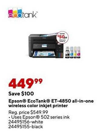 Staples Epson ecotank et-4850 all-in-one wireless color inkjet printer offer