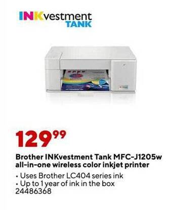 Staples Brother inkvestment tank mfc-j1205w all-in-one wireless color inkjet printer offer