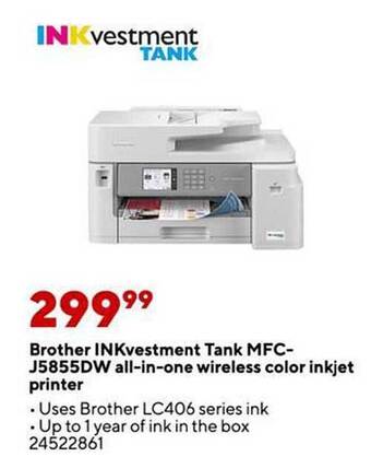 Staples Brother inkvestment tank mfc-j5855dw all-in-one wireless color inkjet printer offer