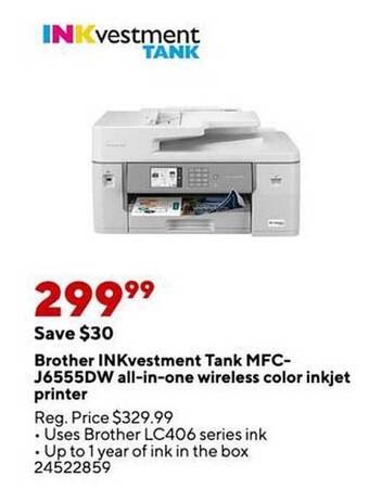 Staples Brother inkvestment tank mfc-j6555dw all-in-one wireless color inkjet printer offer