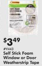 Valu Home Centers Self stick foam window or door weatherstrip tape offer