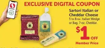 Safeway Sartori Italian or Cheddar Cheese 5 to 8-oz. Italian Wedge or Bag. 7-oz. Cheddar. offer