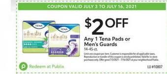Publix Tena Pads Or Men's Guards offer
