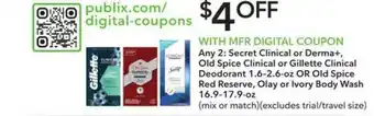 Publix Secret Clinical Or Derma+, Old Spice Clinical Or Gillette Clinical Deodorant 1.6-2.6-oz Or Old Spice Red Reserve, Olay Or Ivo offer