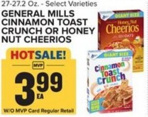 Food Lion General Mills Cinnamon Toast Crunch or Honey Nut Cheerios offer