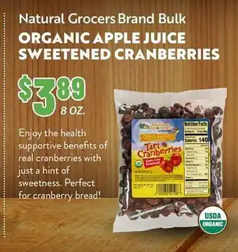 Natural Grocers Natural grocers brand bulk organic apple juice sweetened cranberries offer