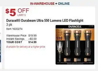 Costco Duracell durabeam ulttra 550 lumens led flashlight offer