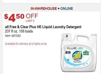 Costco All free & clear plus he liquid laundry detergent offer