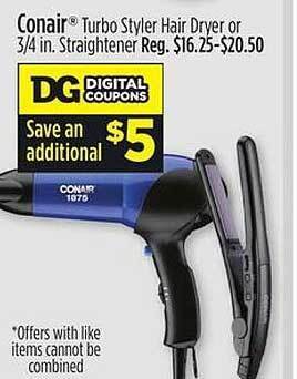 Dollar General Conair turbo styler hair dryer or 3 4 in straightener offer