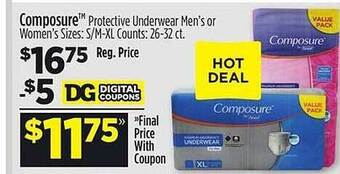 Dollar General Composure protective underwear men's or women's offer