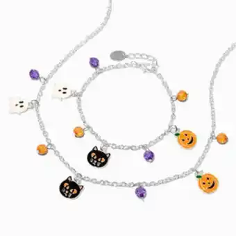 Claire's Halloween enameled ghost, cat, & pumpkin necklace & charm bracelet set - 2 pack offer
