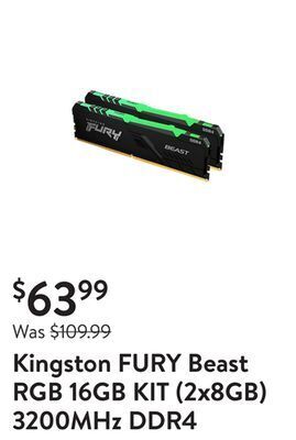 Walmart Kingston fury beast rgb 16gb kit (2x8gb) 3200mhz ddr4 desktop memory kf432c16bbak2/16 offer