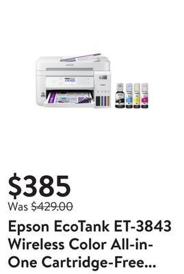 Walmart Epson ecotank et-3843 wireless color all-in-one cartridge-free supertank printer with scanner, copier, adf and ethernet offer