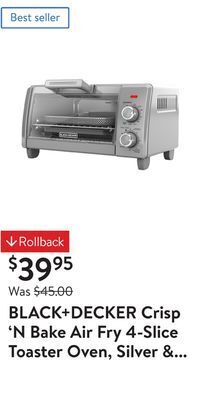 Walmart Black+decker crisp 'n bake air fry 4-slice toaster oven, silver & black, to1787ss offer