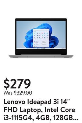 Walmart Lenovo ideapad 3i 14" fhd laptop, intel core i3-1115g4, 4gb, 128gb ssd, windows 11 in s mode, platinum grey, 81x700fgus offer