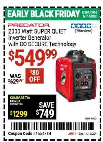 Harbor Freight Tools Predator 2000 watt super quiet inverter generator with co secure technology offer