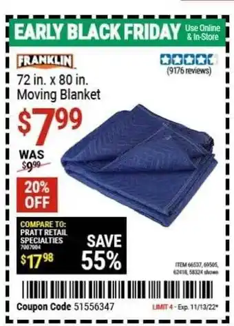 Harbor Freight Tools Franklin 72 in. x 80 in. moving blanket offer