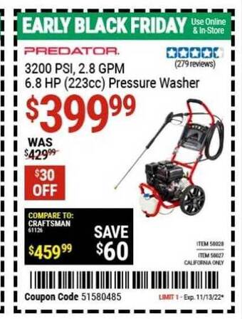 Harbor Freight Tools Predator 3200 psi 2.8 gpm 6.8 hp pressure washer offer