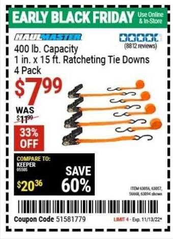 Harbor Freight Tools Haulmaster 400 lb. capacity 1 in. x 15 ft. ratcheting tie downs 4 pack offer