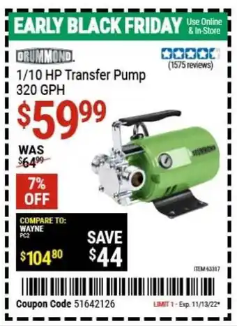 Harbor Freight Tools Brummond 1-10 hp transfer pump 320 gph offer