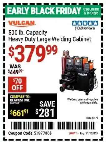 Harbor Freight Tools Vulcan 500 ib. capacity heavy duty large welding cabinet offer
