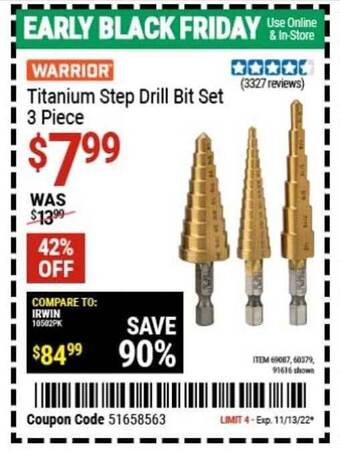 Harbor Freight Tools Warrior titanium step drill bit set 3 piece offer