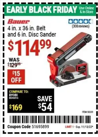 Harbor Freight Tools Bauer 4 in. x 36 in. belt and 6 in. disc sander offer