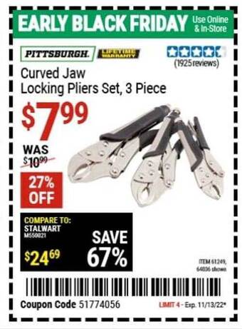 Harbor Freight Tools Pittsburgh curved jaw locking pliers set 3 piece offer