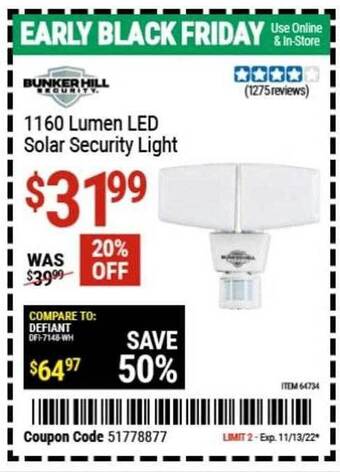 Harbor Freight Tools 1160 lumen led solar security light offer