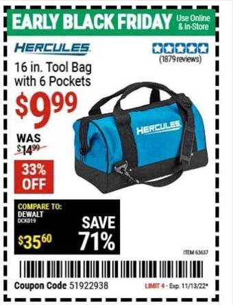Harbor Freight Tools Hercules 16 in. tool bag with 6 pockets offer