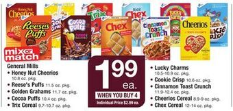 ACME General mills honey nut cheerios 10.8 oz. pkg., reese's puffs 11.5 oz. pkg., golden grahams 11.7 oz. pkg., cocoa puffs 10.4 o offer