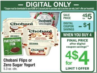 ACME Chobani flips or zero sugar yogurt offer