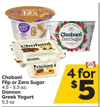Weis Markets Chobani flip or zero sugar 4.5-5.3 oz dannon greek yogurt 5.3 oz offer