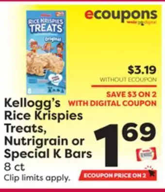 Weis Markets Kellogg's rice krispies treats, nutrigrain or special k bars offer