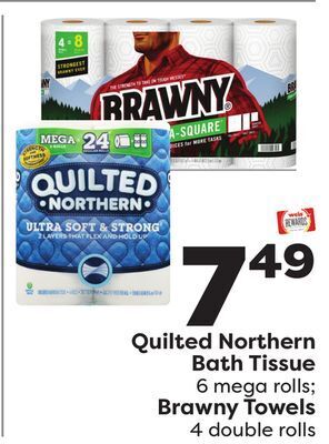 Weis Markets Quilted northern bath tissue 6 mega rolls brawny towels 4 double rolls offer