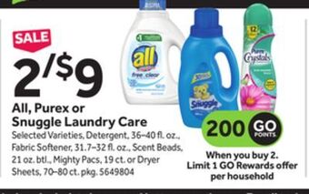 Stop&Shop All, purex or snuggle laundry care offer