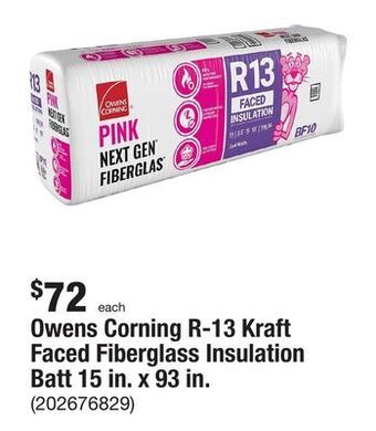 The Home Depot Owens corning r-13 kraft faced fiberglass insulation batt 15 in. x 93 in. offer