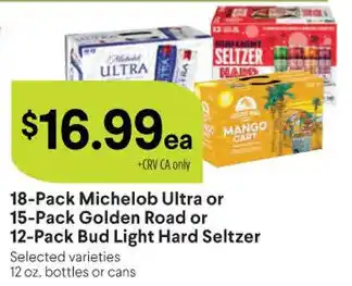 Raley's 18-Pack Michelob Ultra or 15-Pack Golden Road or 12-Pack Bud Light Hazard Seltzer offer