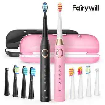Walmart Fairywill ultrasonic electric toothbrush with 5 modes , dual pack sonic rechargeable toothbrush for adults with 8 heads & 2 t offer