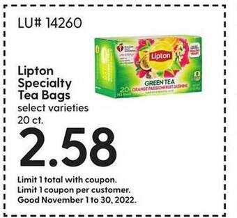 Hy-Vee Lipton specialty tea bags offer