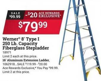 Ace Hardware Werner 8' type i 250 lb. capacity fiberglass stepladder offer