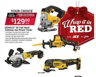 Ace Hardware Dewalt 20 volt max lithium-ion power tools offer
