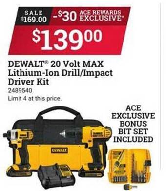 Ace Hardware Dewalt 20 volt max lithium-ion drill-impact driver kit offer