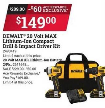 Ace Hardware Dewalt 20 volt max lithium-ion compact drill & impact driver kit offer