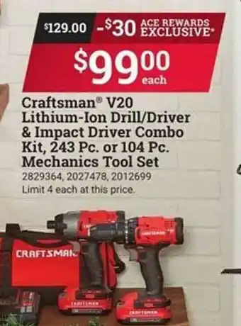 Ace Hardware Craftsman v20 lithium-ion drill-driver & impact driver combo kit 243 pc. or 104 pc mechanics tool set offer