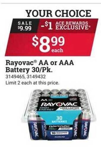Ace Hardware Rayovac aa or aaa battery 30-pk offer